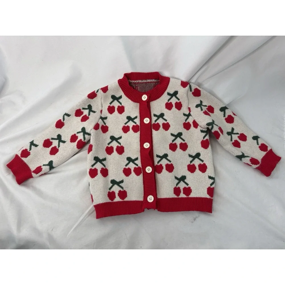 Mikistory Baby‎ Girl 12-18m Knit Cardigan Sweater Cherry Cherries Button Down